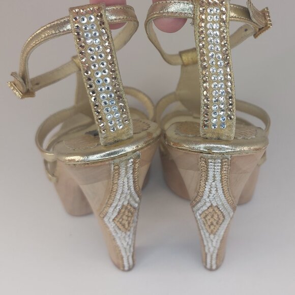 bebe Gold Strappy Rhinestone Platform Heels Size US 6 - Picture 3 of 16